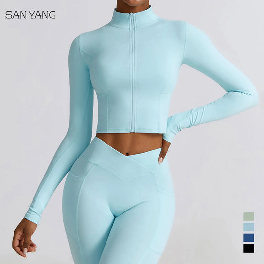 Women Full Zip-Up Yoga Top Workout Running Jackets Gym Long Sleeve Crop Tops Activewear Fitness Quick Drying Thumb Button